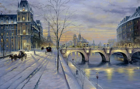 Зима, снег, закат, улица, Париж, картина, Paris, Finale
