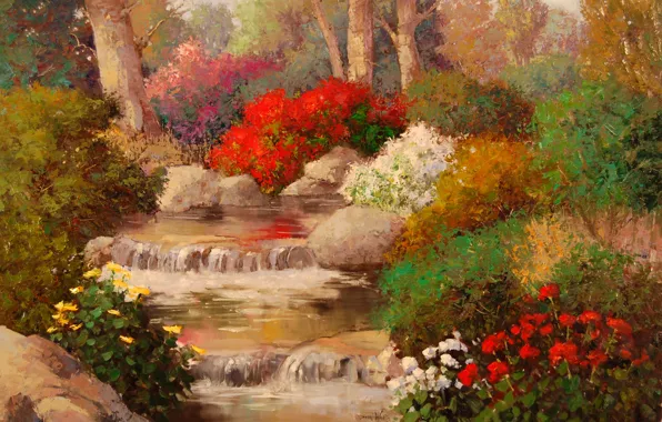 Вода, деревья, цветы, природа, розы, живопись, ручеёк