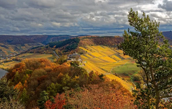 Картинка осень, облака, деревья, горы, поля, дома, Германия, панорама