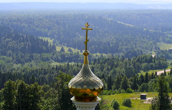 Картинка лес, крест, церковь, купол