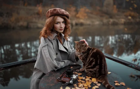 Осень, кошка, кот, взгляд, девушка, природа, лицо, поза
