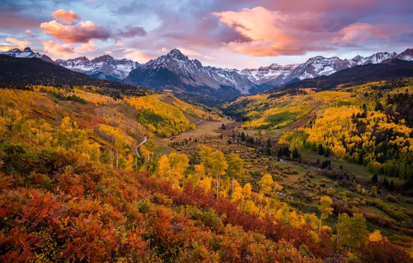 Картинка осень, облака, горы, краски, долина, леса