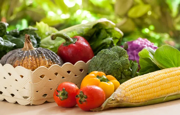 Картинка фото, Овощи, Перец, Помидоры, Еда, Кукуруза