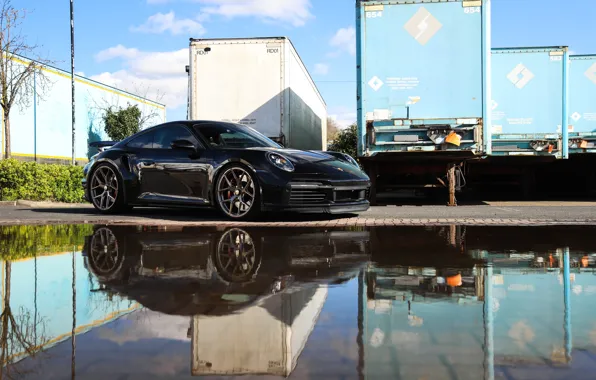 Картинка 911, Porsche, Black, Water, Turbo S, Reflection, VAG, 992