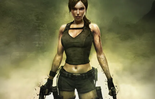 Картинка Tomb Raider, guns, girl, brown hair, jungle, sexy girl, ruins, legend
