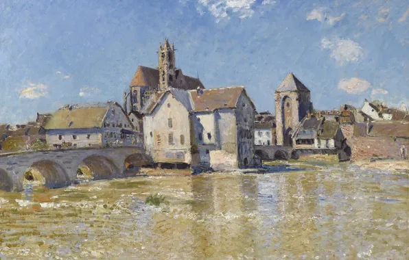 Город, река, дома, картина, Alfred Sisley, Альфред Сислей, Мост в Морэ-сюр-Луэне. Апрельское Утро