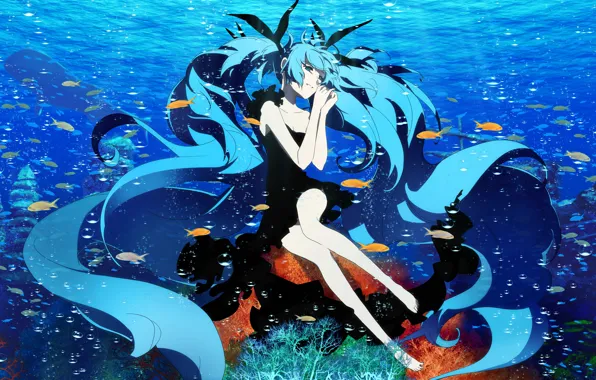 Девушка, рыбки, арт, vocaloid, hatsune miku, под водой, deep-sea girl, haruyo