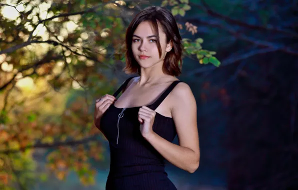Forest, cleavage, dress, woman, young, short hair, tree, model