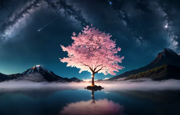 Картинка evening, digital art, masterpiece, mountain range, 4k wallpaper, desktop wallpaper, cherry blossom tree