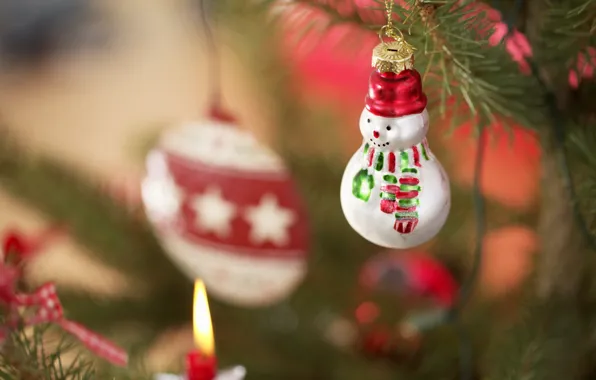 Картинка праздник, игрушки, новый год, снеговик, ёлка, декорации, happy new year, christmas decoration