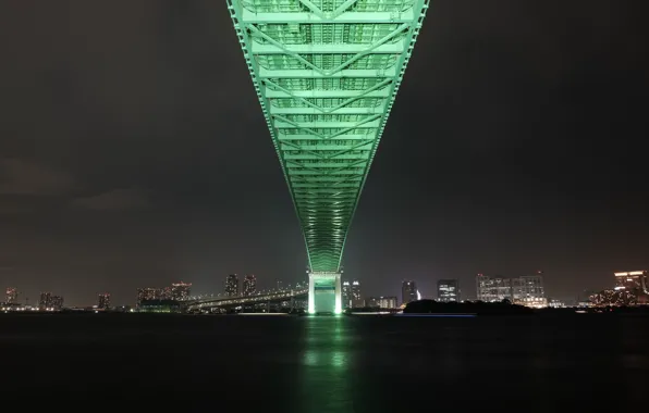 Картинка мост, город, огни, Япония, Токио, залив, Tokyo, Japan