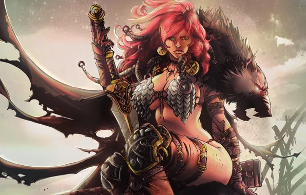 Женщина, меч, воин, шкура, рыжая, варвар, Red Sonja, Queen of Steel