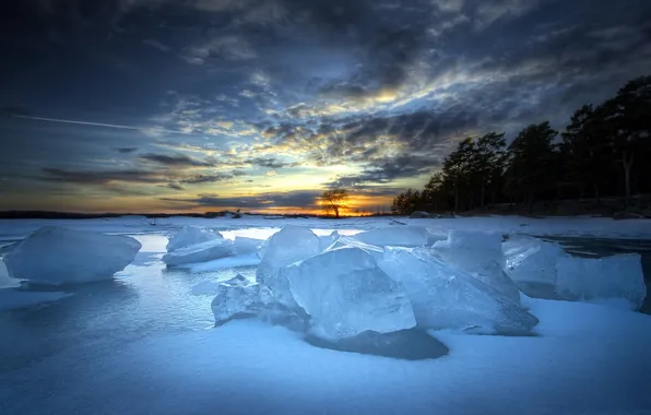 Картинка пейзаж, закат, озеро, лёд