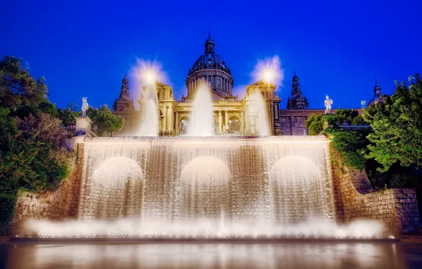 Картинка подсветка, фонтан, Испания, дворец, Барселона