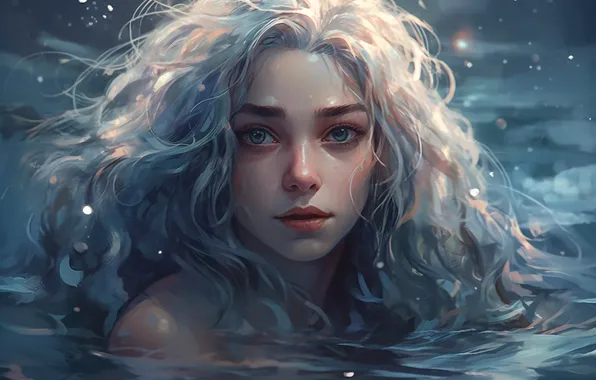 Вода, Девушка, Взгляд, Волосы, Цифровое искусство, ИИ-арт, Искусство искусственного интеллекта, Нейросеть