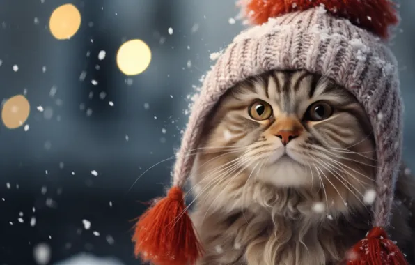 Зима, кошка, кот, снег, котенок, Рождество, Новый год, полосатый