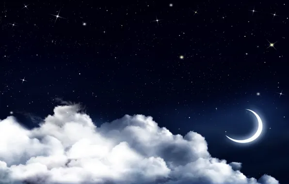 Небо, облака, ночь, звёзды, полумесяц