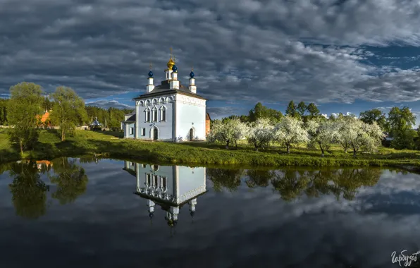 Вода, пейзаж, тучи, природа, отражение, весна, сад, храм