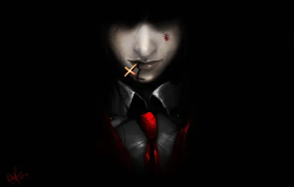 Картинка темный фон, кровь, демон, арт, галстук, вампир, парень, Hellsing
