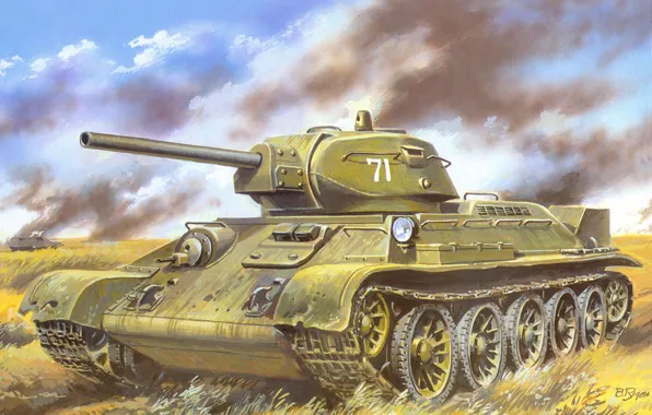 Картинка поле, дым, рисунок, бой, арт, танк, советский, средний
