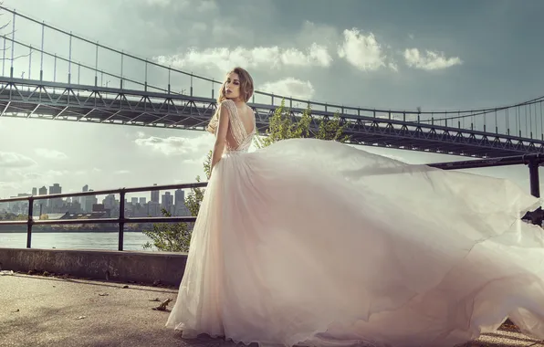 Картинка взгляд, девушка, мост, платье