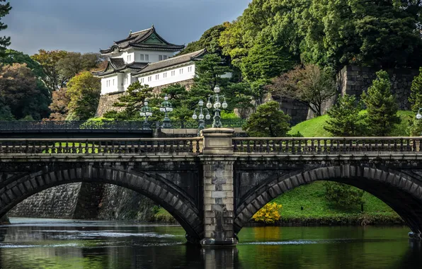Картинка деревья, река, Япония, Токио, фонари, мосты, кусты, дворец