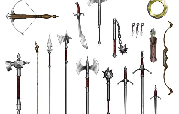 Spears, crossbow, quiver, mace, flail, long sword, scimitar, war hammers