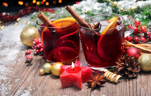 Шарики, свеча, Новый Год, Рождество, wine, orange, merry christmas, punch