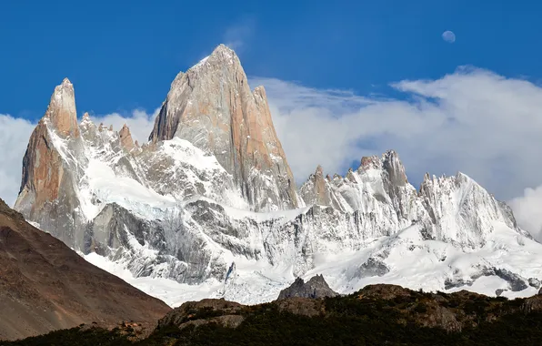 Картинка Moon, Argentina, mountains, snow, Patagonia, granite, peaks, Andes