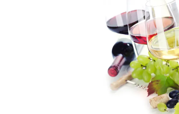 Картинка вино, красное, белое, бутылка, бокалы, виноград, штопор, листики