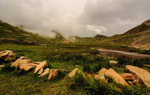 Картинка трава, облака, горы, камни, Франция, Альпы, Alpes