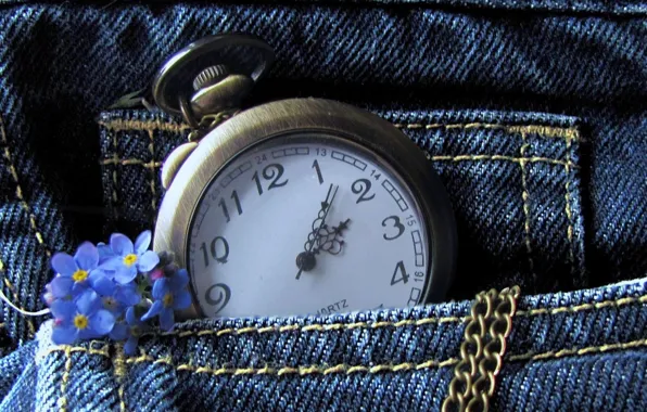 Цветы, часы, джинсы, цепочка, карман