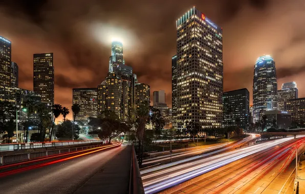 Картинка ночь, город, огни, дороги, дома, небоскребы, Los-Angeles