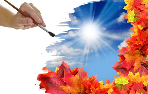 Картинка осень, листья, солнце, облака, рисунок, рука, кисть