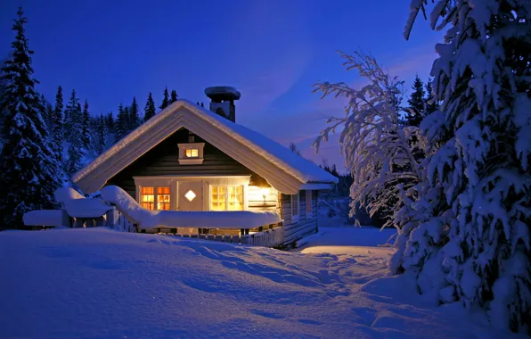 Картинка зима, небо, снег, пейзаж, природа, дом, house, white