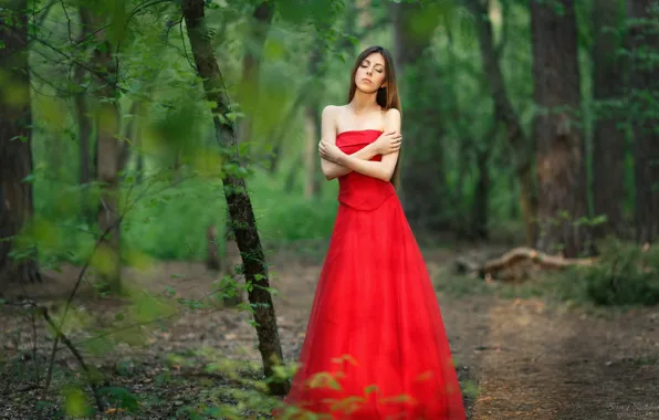 Лес, лето, девушка, природа, поза, фото, красное, платье