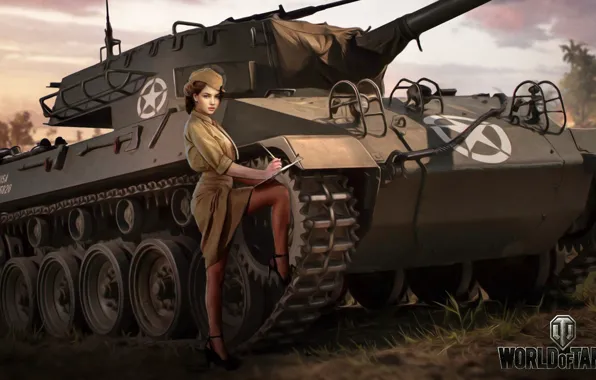 Девушка, рисунок, арт, форма, пилотка, американская, World of Tanks, пт-сау