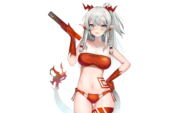 Girl, sexy, horns, long hair, boobs, anime, tail, beautiful