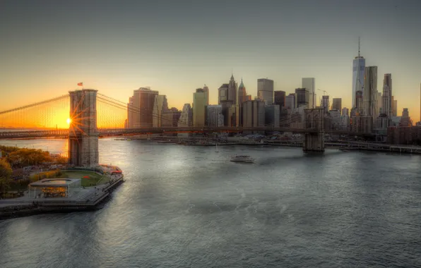 Картинка United States, sunset, Brooklyn, Manhattan, Brooklyn Bridge, One World Trade Center, 1WTC, OWTC