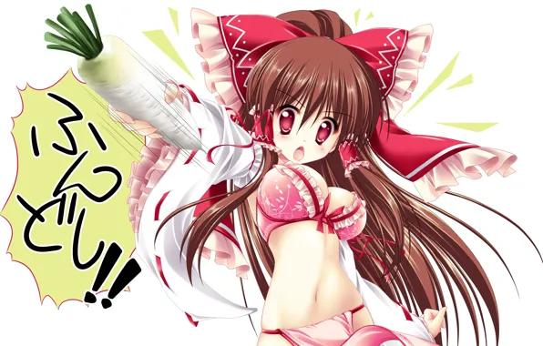 Иероглифы, жрица, жест, оборки, красный бант, Hakurei Reimu, Touhou Project, Проект Восток
