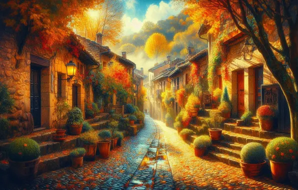 Осень, свет, деревья, город, улица, плитка, здания, дома
