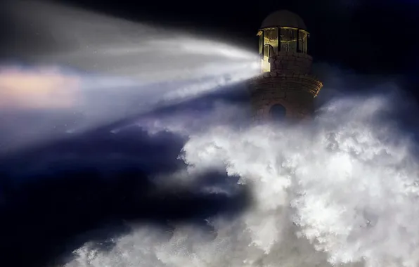 Sea, ocean, night, wave, lighthouse