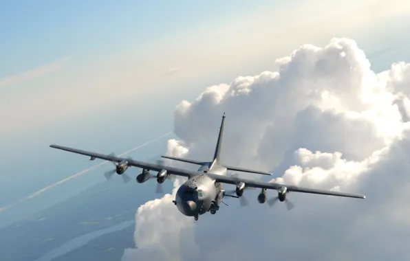 Картинка небо, облака, полет, самолет, Lockheed AC-130U Spooky