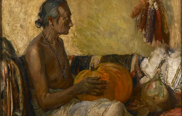 Картинка кукуруза, медальон, тыква, старый индеец, Oscar Edmund Berninghaus, Harvest Season