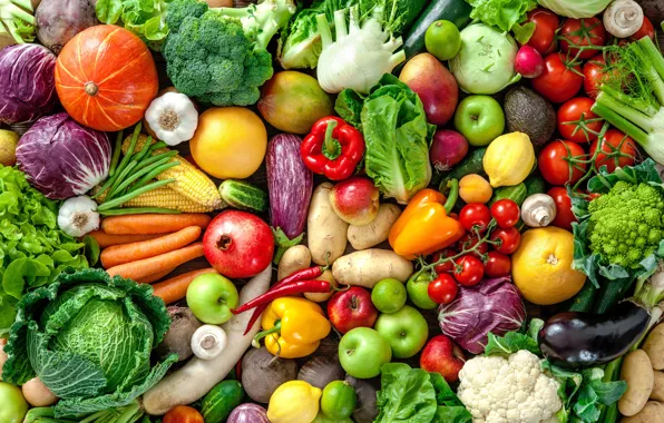Яблоки, кукуруза, урожай, баклажаны, перец, фрукты, овощи, помидоры
