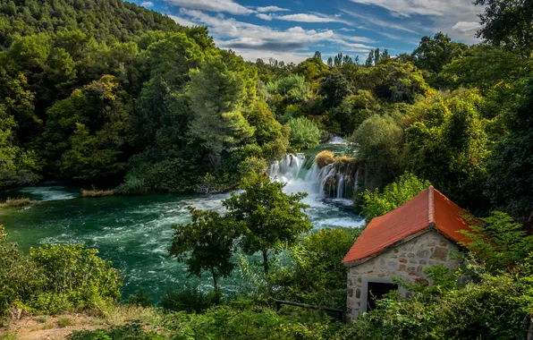 Картинка лес, природа, река, водопад, домик