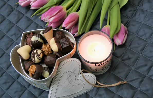 Цветы, коробка, букет, тюльпаны, шоколадные конфеты