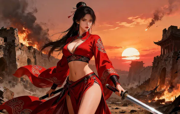 Sword, legs, weapon, nature, woman, young, beautiful, model
