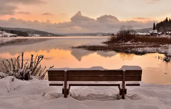 Twilight, sunset, winter, lake, snow, dusk, village, bench