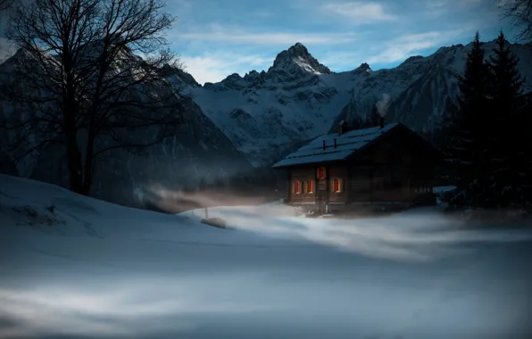 Картинка зима, горы, дом